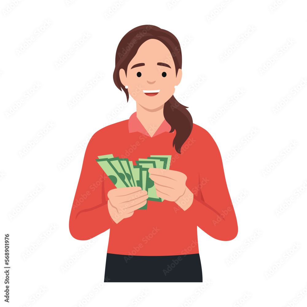 Young rich woman holding dollar bills in hands excited with win or promotion. Happy female count money joyful with income or revenue. Flat vector illustration isolated on white background Young rich woman holding dollar bills in hands excited with win or promotion. Happy female count money joyful with income or revenue. Flat vector illustration isolated on white background