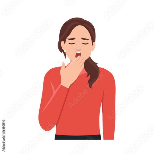 Young woman yawning covering mouth by hand with eyes closed. Flat vector illustration isolated on white background photo