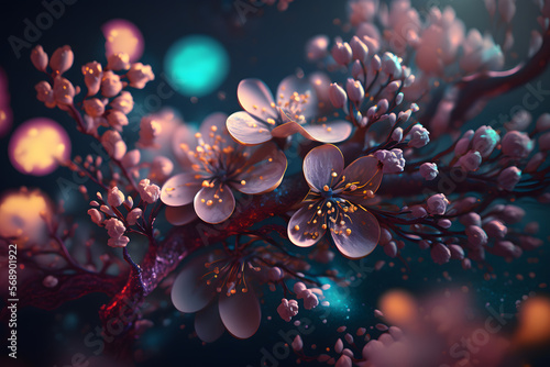 Colorful 3D Plum Blossoms: A Springtime Fantasy Illustration. Generative AI © Immersive Dimension