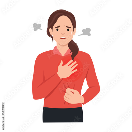 Woman feel chest pain. Heart attack or symptoms of heart disease. Idea of health danger and sickness. 2019-nCoV symptom. Virus prevention and protection. Flat vector illustration isolated