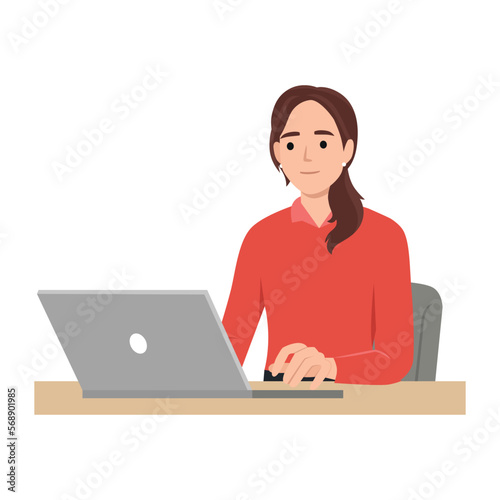 Remote working or work from home concept during the Covid-19 pandemic with a woman using a laptop on desk. Flat vector illustration isolated on white background