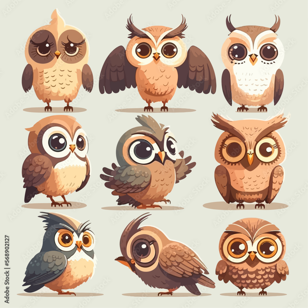 set of cute colorful owls isolated on white background