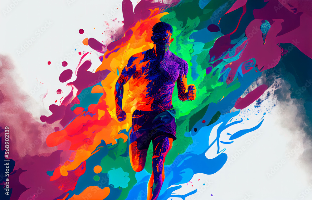 picture of front view of young male athlete in activewear and sneakers running fast against white background with colorful stains of aquarelle. Ai generated