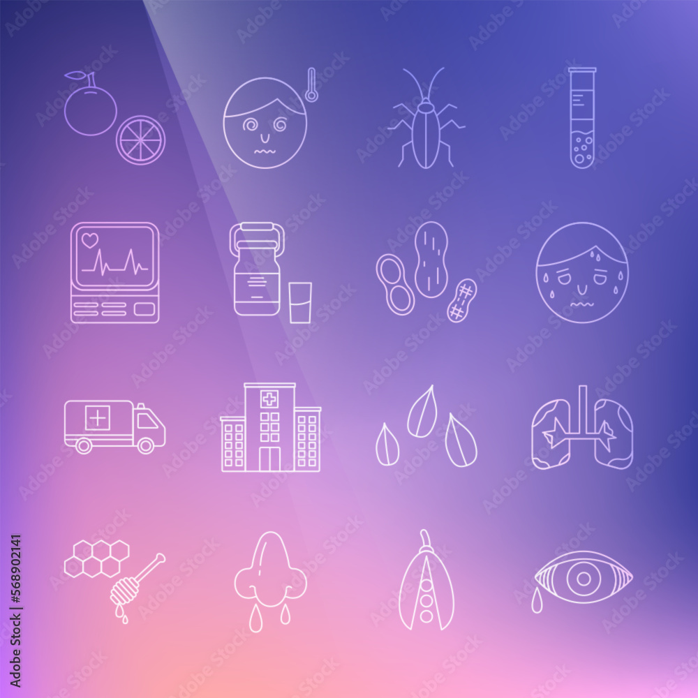 Set line Reddish eye allergic conjunctivitis, Lungs, Man with excessive sweating, Cockroach, Can container for milk, Monitor cardiogram, Orange fruit and Peanut icon. Vector Set line Reddish eye allergic conjunctivitis, Lungs, Man with excessive sweating, Cockroach, Can container for milk, Monitor cardiogram, Orange fruit and Peanut icon. Vector