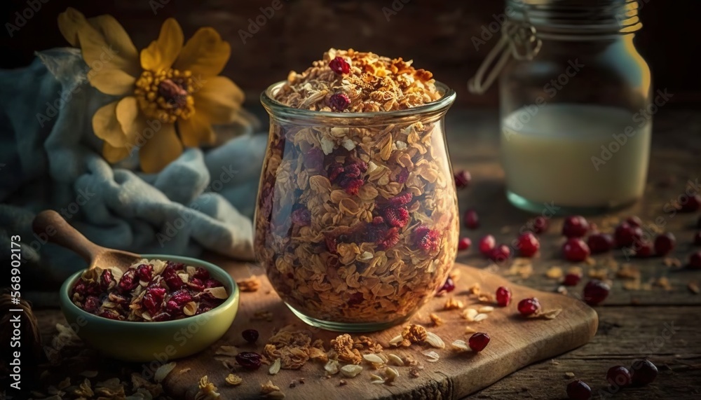  a glass jar filled with granola next to a bowl of granola and a glass of milk on a wooden table with flowers and a cloth.  generative ai