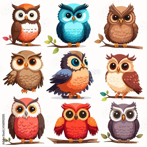 Wallpaper Mural set of cute colorful owls isolated on white background Torontodigital.ca