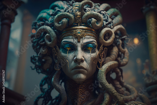 The classic depiction of the head of the Gorgon Medusa from ancient mythology, a gloomy awesome look horror fright. Generative AI technology.