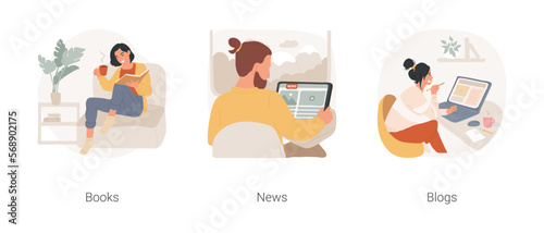 Self-development isolated cartoon vector illustration set. Woman holding a cup of coffee and reading a book, man reading news online, young teen reading online blog, new information vector cartoon.