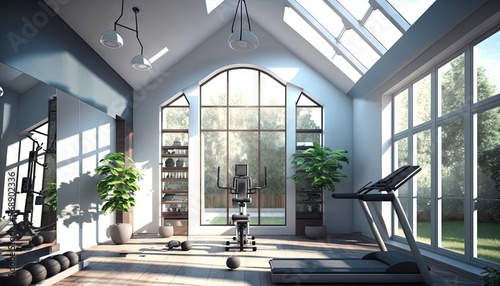  a room with a lot of windows  a gym equipment and a potted plant in the middle of the room and a large window on the wall.  generative ai