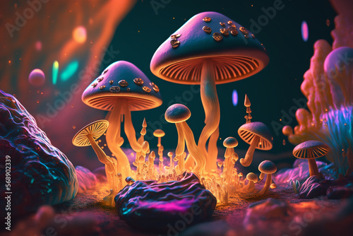 Psychedelic mushrooms trip into wellness and escapism with surrealis and vibrant trippy illustrations. Generative AI