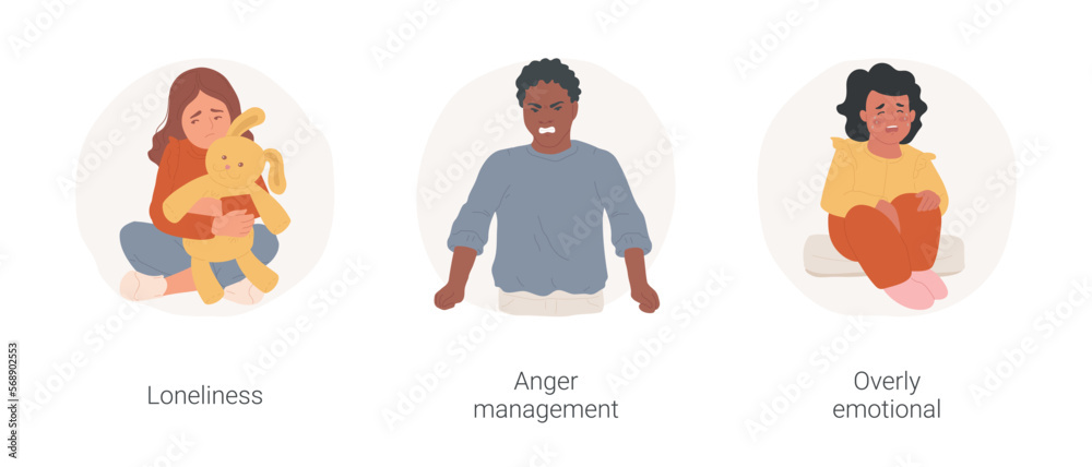 Difficulties with emotions isolated cartoon vector illustration set. Sad kid holds stuffed animal, suffering from loneliness, anger management, clenched fists, over emotional child vector cartoon.