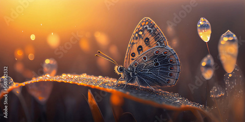 Closeup of a butterfly sitting on a grass or leaf. The morning sun illuminates an insect awakening to life. Shimmering drops of dew. Seasonal background. Spring moody climat. Generative AI. © pawczar