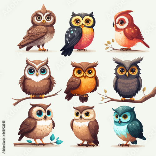 Wallpaper Mural set of cute colorful owls isolated on white background Torontodigital.ca