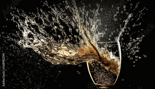  a glass of champagne with a splash of water on the glass and a black background with a splash of water on the glass and a black background.  generative ai