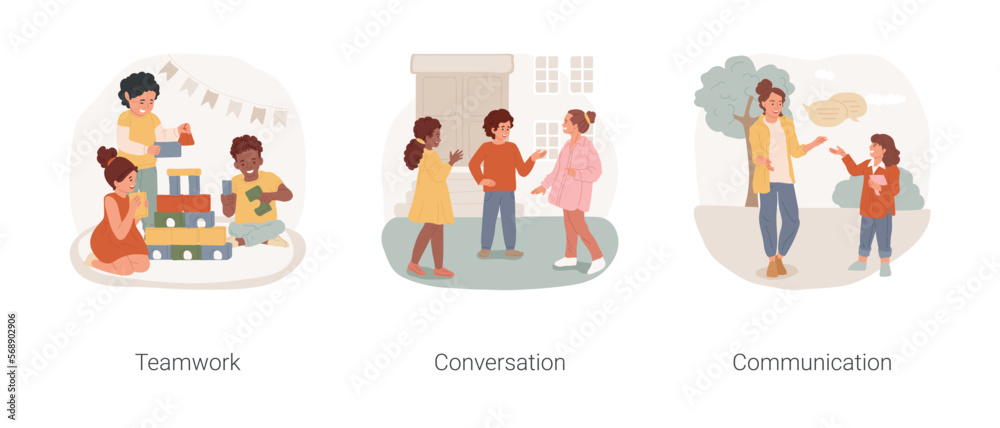 Social skills development isolated cartoon vector illustration set. Teamwork, group of people building toy tower together, smiling child talking to kids, parent child communication vector cartoon. Social skills development isolated cartoon vector illustration set. Teamwork, group of people building toy tower together, smiling child talking to kids, parent child communication vector cartoon.