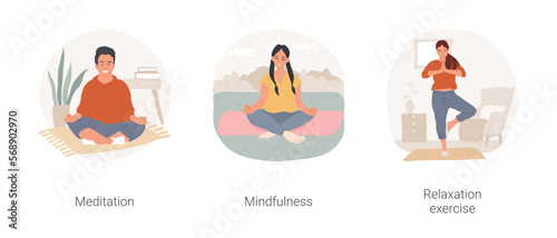 Stress management isolated cartoon vector illustration set. Person practice mindfulness, sit in meditation pose, keeping hands in mudra gesture, relaxation exercise, manage emotions vector cartoon.