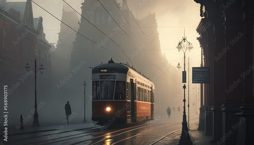  a train traveling down a foggy street next to a tall building with a clock on it's side and a person walking on the sidewalk.  generative ai