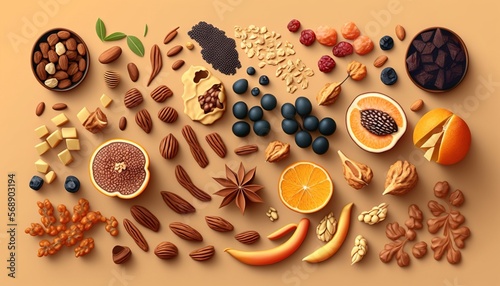  a variety of nuts, fruits, and other foods are arranged in a circle on a beige background with a shadow of the food on the left side of the image. generative ai © Anna