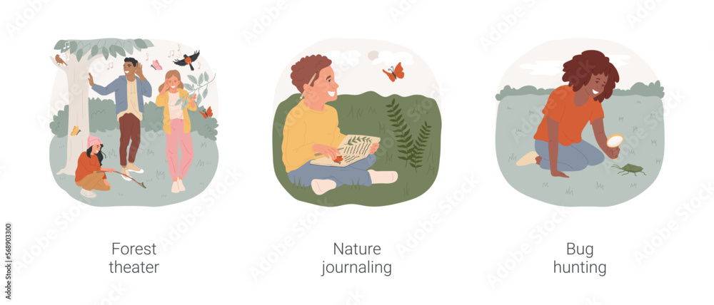 Mindful hobbies isolated cartoon vector illustration set. Forest theater performance, play game, create wildlife sounds, nature journal writing, bug hunting with magnifying glass vector cartoon.