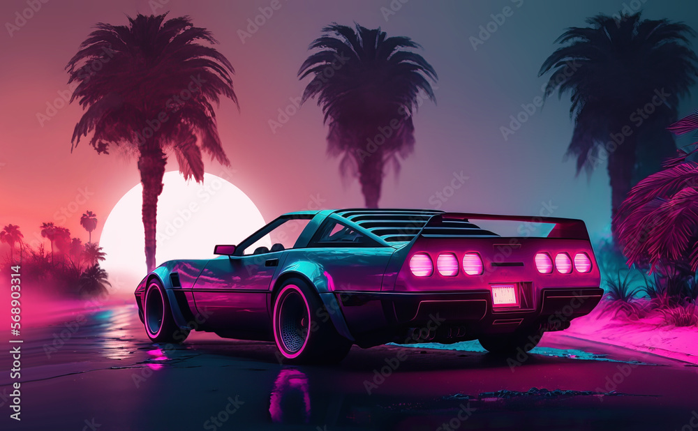 Illustration of a 80s style vaporwave retro futuristic  supercar in a blue and pink neon cyber digital Miami city  .Generative AI