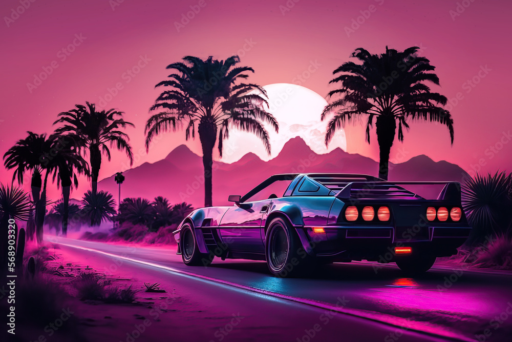 Illustration of a 80s style vaporwave retro futuristic  supercar in a blue and pink neon cyber digital Miami city  .Generative AI
