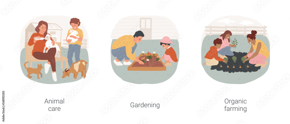 Nature-related hobbies isolated cartoon vector illustration set. Children feed domestic animals, family gardening together, backyard garden, organic farming, grow vegetables vector cartoon.