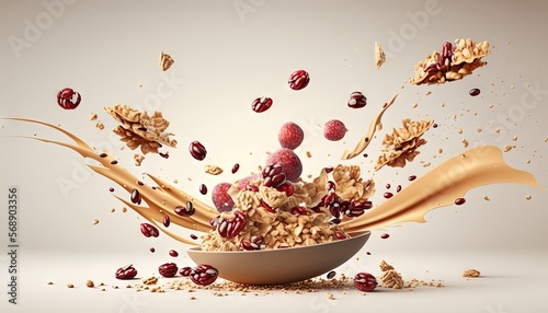  a bowl filled with cereal, nuts and cranberries flying out of the top of the bowl and falling into the bottom of the bowl.  generative ai