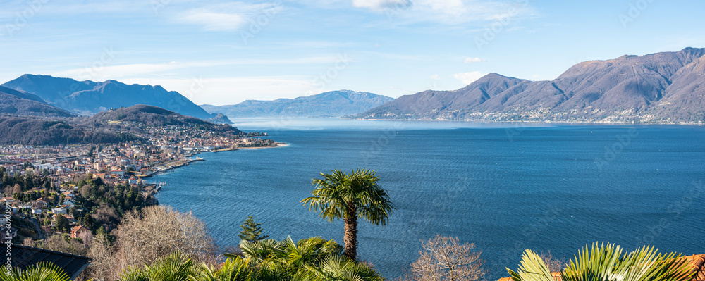 Extra wide aerial view of Luino and the Lake Maggiore