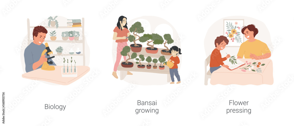 Nature-related hobbies isolated cartoon vector illustration set. Child looking through microscope, study biology, bansai growing, care for little tree, flower pressing, family hobby vector cartoon.