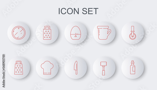 Set line Bottle of olive oil, Grater, Kitchen timer, hammer, Cutting board, Chef hat and Knife icon. Vector