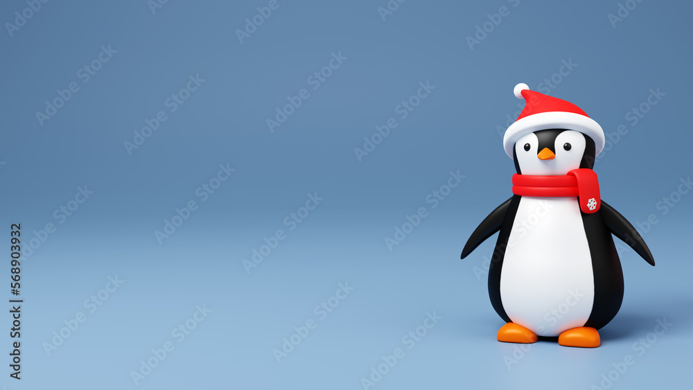Obraz premium Cute penguin in a snow cap on a blue background