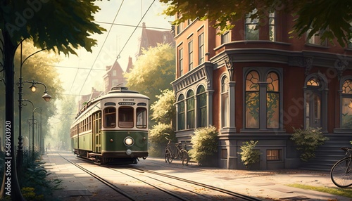  a painting of a trolley on a street with a bicycle parked on the side of the road next to a building and a bicycle parked on the side of the street.  generative ai