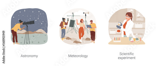 Natural science hobbies isolated cartoon vector illustration set. Study astronomy, watch stars through telescope, meteorology as hobby, predict weather, do scientific experiment vector cartoon.