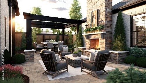 Foto a patio with chairs, tables, and a fire place in the middle of the yard with a grill and grill in the back ground