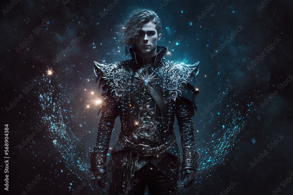 Fototapeta premium illustration rock star portrait, a man in handsome gothic leather black jacket with glitter glow festive background, Generative Ai