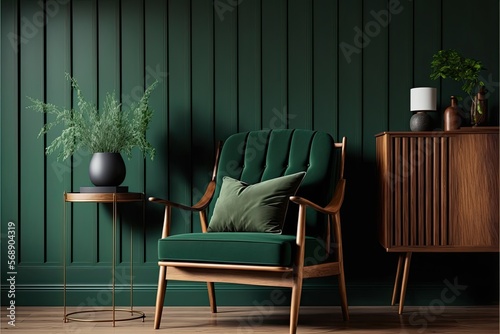 modern mid century green living room with wooden armchair, AI assisted finalized in Photoshop by me 