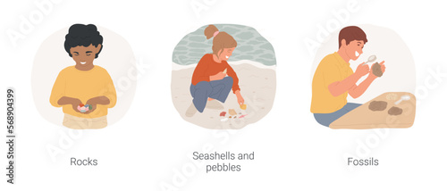 Collecting nature items isolated cartoon vector illustration set. Boy with handful of colorful rocks, girl proud of seashell and pebble collection, collecting fossils, rare items vector cartoon.