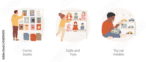 Collecting-based hobbies isolated cartoon vector illustration set. Comic book edition collection, girl with vintage dolls and toys, collecting retro toy car models, classic hobby vector cartoon.
