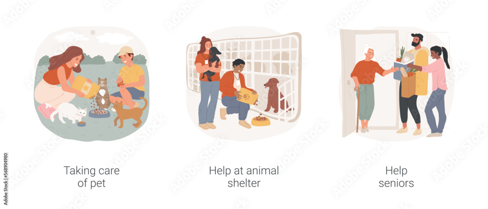 Volunteering activities isolated cartoon vector illustration set. Feeding dogs, take care of homeless pet, animal shelter, volunteer at nursing homer, help senior people, lifestyle vector cartoon.