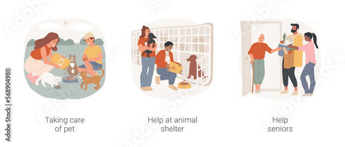 Volunteering activities isolated cartoon vector illustration set. Feeding dogs, take care of homeless pet, animal shelter, volunteer at nursing homer, help senior people, lifestyle vector cartoon.