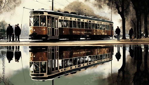  a painting of a train on a train track with people standing near it and a reflection of the train on the water's surface.  generative ai