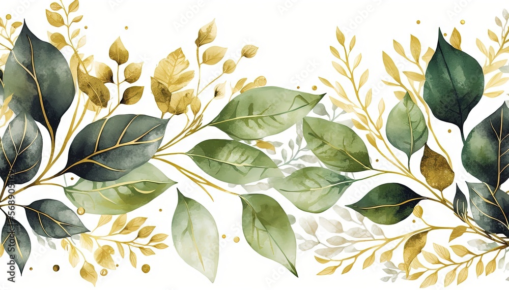 a watercolor painting of green leaves and gold leaves on a white ...