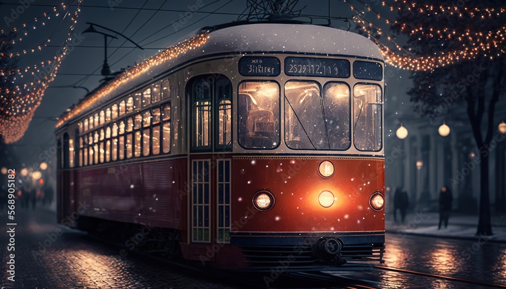  a red trolley car on a city street at night with christmas lights on the trees and onlookers in the street and onlookers in the background.  generative ai