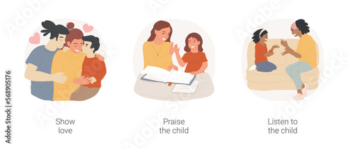 Express positive emotions isolated cartoon vector illustration set. Show love to family members, hugging and kissing, praise the child, high five, listen to your kid, share emotion vector cartoon.