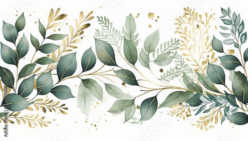  a watercolor painting of green leaves and gold dots on a white background with a gold foil effect on the edges of the leaves and gold dots. generative ai