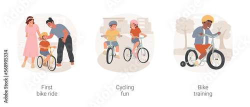 Learn cycling isolated cartoon vector illustration set. First ride, parent help kid to go on bicycle, children cycle together, have fun, small bike with training wheels, active life vector cartoon.