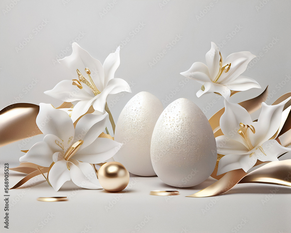 Styled feminine Easter scene with white and gold eggs and lilies, sprinkled by glitter. Created with Generative AI technology.
