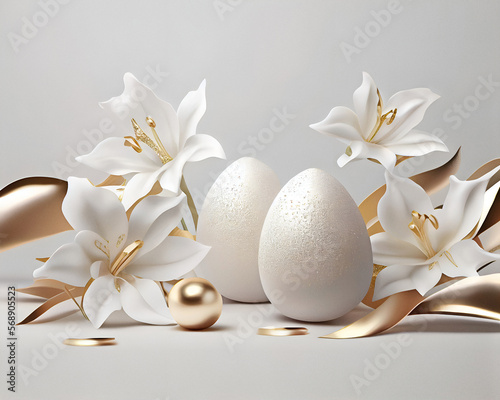 Obraz na płótnie Styled feminine Easter scene with white and gold eggs and lilies, sprinkled by glitter. Created with Generative AI technology. w salonie
