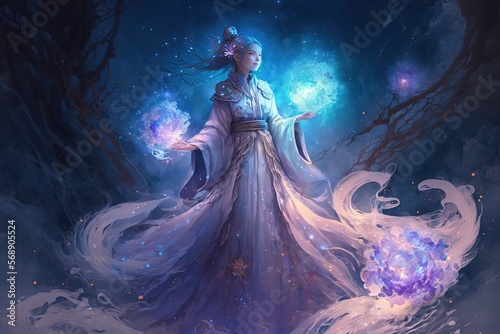 artistic illustration of Chinese Goddess girl wearing traditional outfit with glow glitter light, power energy emerge around,  idea for Asian fairytale theme, Generative Ai  © QuietWord