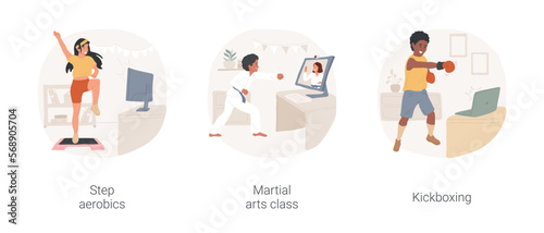Online workouts isolated cartoon vector illustration set. Sporty young woman doing step aerobics, martial arts class, kid in kimono, practice kickboxing, physical activity indoors vector cartoon.